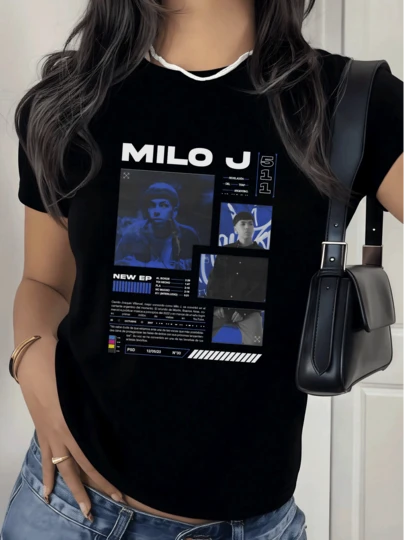 Elegante Camiseta de Mujer con Estampado Milo J y Detalles Gráficos,220g.Diseño Moderno y Casual,Ideal Para un Look Urbano y Cómodo.