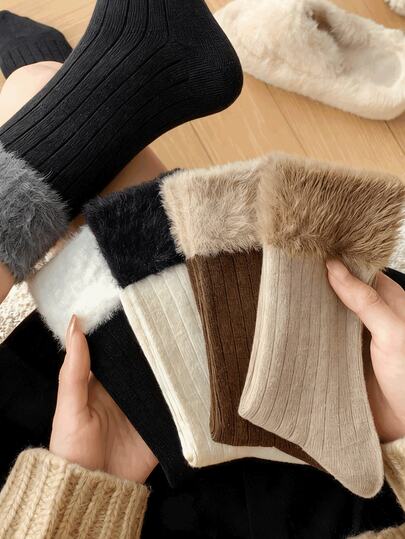 5 pares de calcetines de media caña de mujer de visón y cachemira, adecuados para otoño/invierno, con puño de color contrastante, gruesos y cálidos, calcetines de terciopelo casual y retro