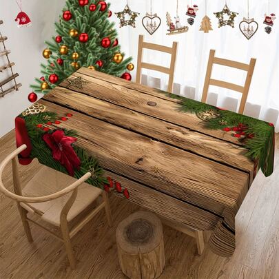 1pc Christmas Themed Tablecloth,Wooden Board Background Design Christmas Tablecloth,Perfect For Home Kitchen, Dining, Picnic Decoration, Easy Care, Durable, And Versatile - Ideal Home Supplies For Any Occasion