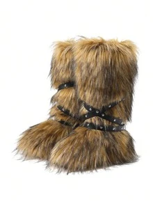 Women's Winter Furry Snow Boots Fuzzy Fluffy Round Toe Suede Booties Flat Heel Slip On Outdoor Indoor Shoes Fashion Warm Fluffy Shoes - 綁帶棕色 - 查看 8