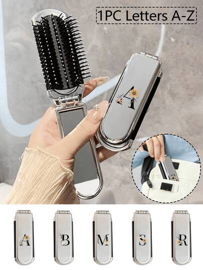 1pc 2-In-1 Foldable Comb & Makeup Mirror – Portable, Printed With Daisy Letters A-Z,Tabletop, Contemporary Beauty Tool For Travel,Folding Comb With Makeup Mirror, Easy To Carry, Perfect For Travel Outgoing Use, Dual-Use Air Cushion Comb, Scalp Massage Hair Comb,Hair Styling Tool Travel Essential Accessories For Outdoor And Office Back To School