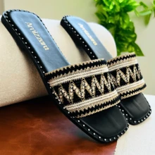 Amizzara Women's Boho Chic Style Flat Sandals Handmade Fabric Comfort Square Toe Moroccan - màu đen - Xem 11