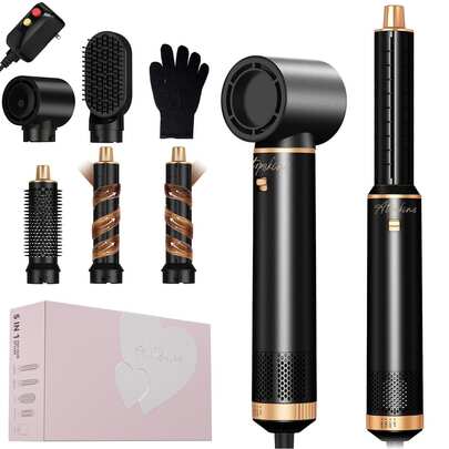 ATOPSKINS 2026升级版五合一多功能热造型梳及卷发棒 | 3档温度设置，5个可替换刀头，打造卷发、波浪、柔顺造型 | 返校必备 | 打造刘海及层次感发型 | 适合所有发质 | 完美的圣诞节和新年礼物（居家/日常/旅行/沙龙/约会/派对）（优雅蓝金/铂金/黑金设计）