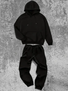 Men's Drawstring Hooded Loose Casual Versatile Sweatsuit - Black - View 1