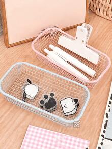 Cesta de almacenamiento de metal de color crema estética, organizador de escritorio con estilo y asa para escritorio de oficina, tocador, soporte para maquillaje y accesorios, decoración del hogar minimalista