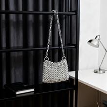 New Shiny Silver Bag, Hand-Woven Sequin, Sequin, Mobile Phone Bag, Long Shoulder Strap, One Shoulder Crossbody Bag - Silver - View 1