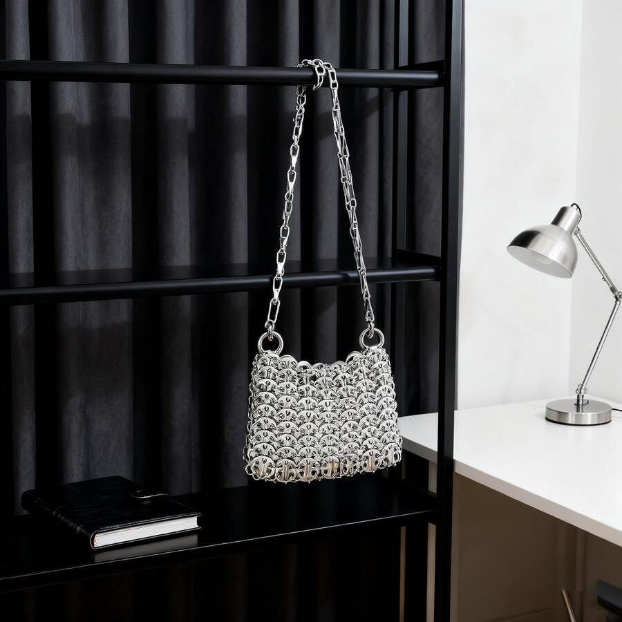 New Shiny Silver Bag, Hand-Woven Sequin, Sequin, Mobile Phone Bag, Long Shoulder Strap, One Shoulder Crossbody Bag - Silver - View 1