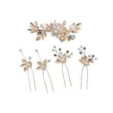 5 piezas Accesorios para el cabello de boda con flores, Set de pasadores de pelo de lujo minimalistas con perlas falsas, para verano, playa, festival, cumpleaños - Dorado - Ver 8