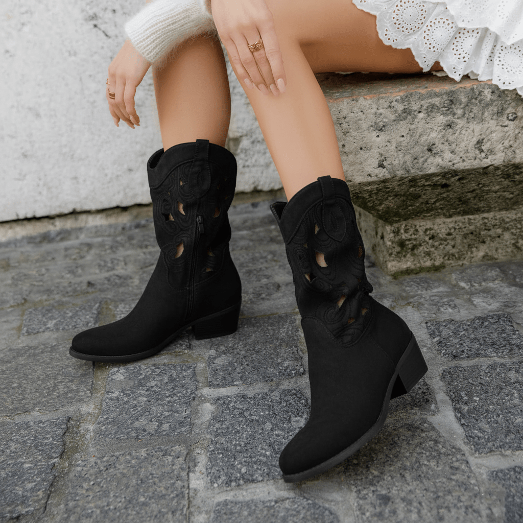Botas occidentales de tacón grueso con diseño hueco y estilo vintage casual de moda
