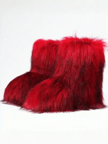 Women's Winter Furry Snow Boots Fuzzy Fluffy Round Toe Suede Booties Flat Heel Slip On Outdoor Indoor Shoes Fashion Warm Fluffy Shoes - 紅色 - 查看 4