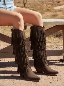Vintage Cowgirl Outfits For Women Boots Pointed Toe Fringe Detail Chunky Mid Heel Pull On Dark Brown Boots Country Concert Wide Calf Boots Women Plus Size - 深棕色 - 查看 3