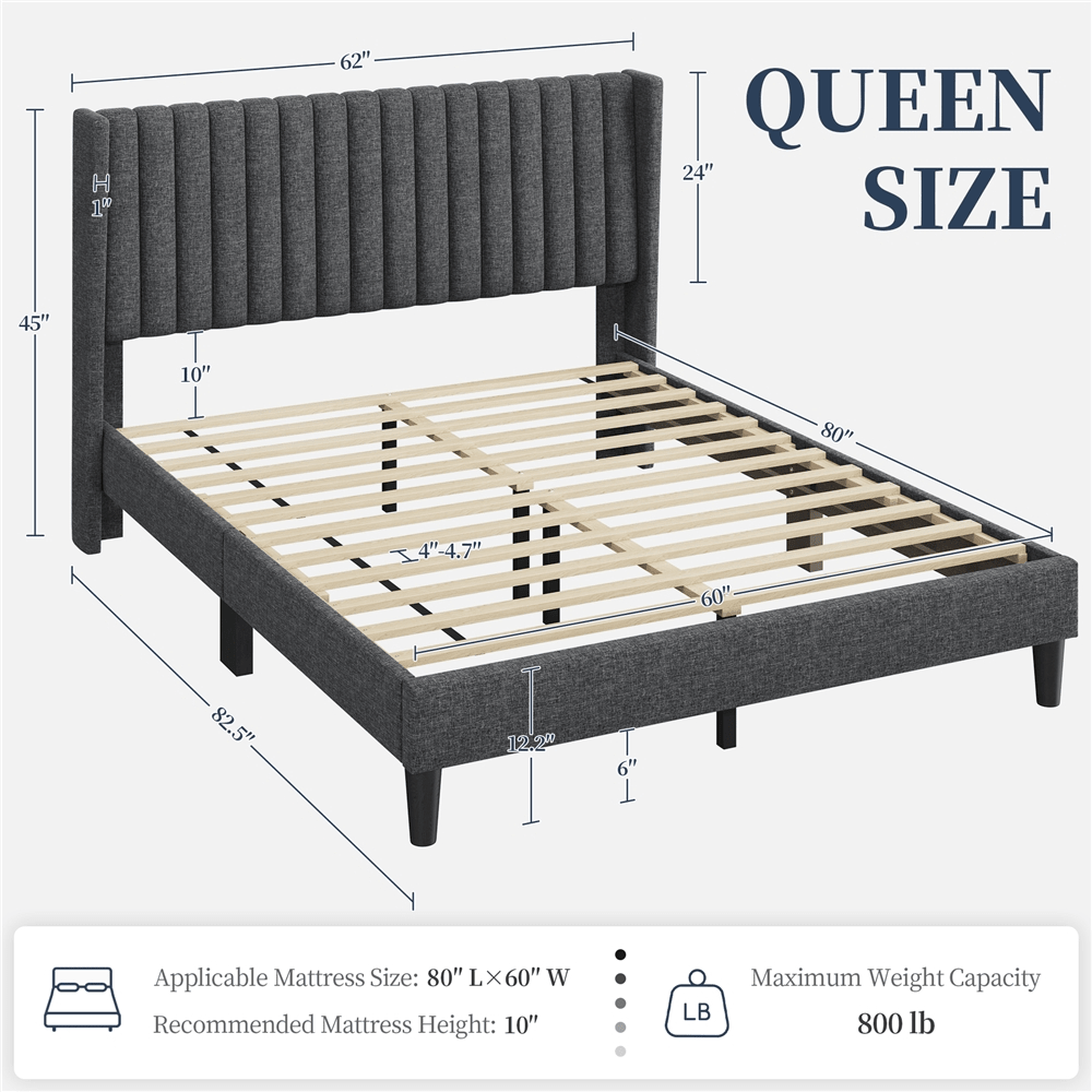 Butterslay Linen Blend Upholstered Bed Frame Wingback Channel Headboard Sturdy Wood Frame 800lb Capacity Foam-Padded Floor Protection Full/Queen/King, Black/Dark Gray/Ivory/Navy Blue/Pink - Dark Gray - 查看 6