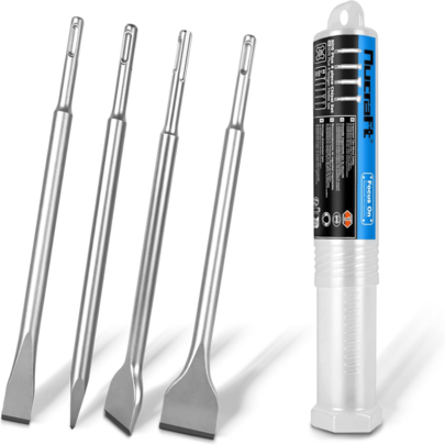 SDS Plus Chisel Set, 4 Piece Steel Tool Set (Wide, Flat, Pointed) Tile Chisels, Suitable For Masonry, Bricks, Wall...