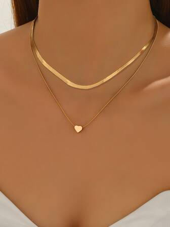 1pc New Stylish Double-Layer Stacked Minimalist Heart Pendant Necklace