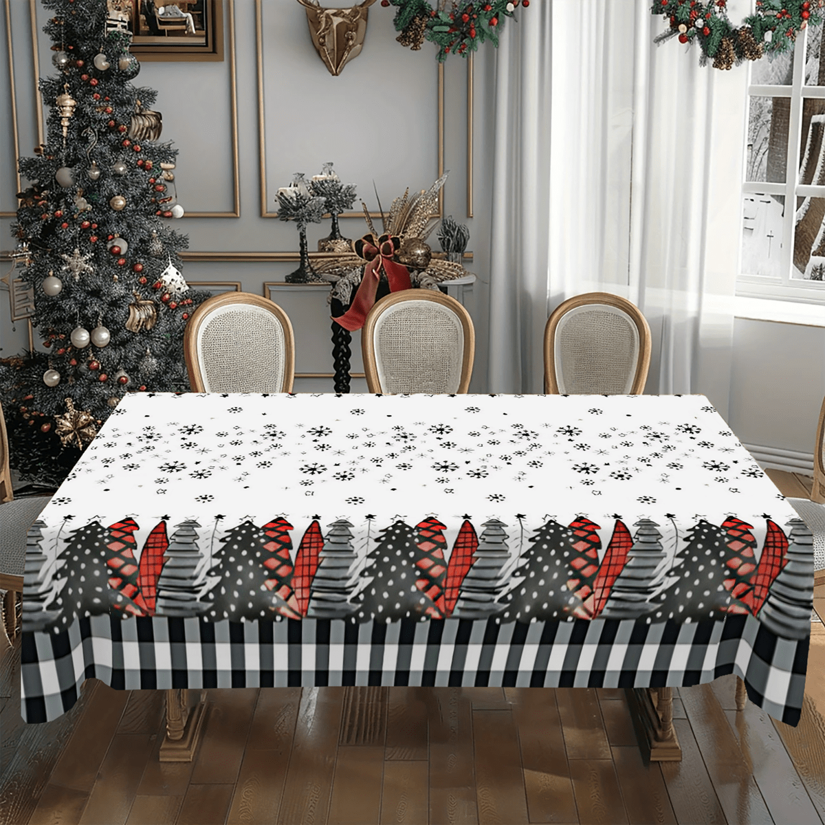 1pc, Polyester Tablecloth, Merry Christmas Table Cover, Buffalo Plaid Christmas Tree Pattern Table Cover, Christmas Atmospheric Table Decor, Holiday Desktop Decoration Fabric Table Cloth, Home Decoration, Christmas Decor, Gift - Multicolor - View 5