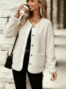 Exclusive For Fashionable Women In Autumn And Winter! Soft Beige Fleece Round - Neck Cardigan. Pocket And Button Details, A Warm Item Suitable For Daily And Party Occasions - Apricot - View 4