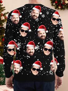 Felpa casual personalizzata con stampa del viso per uomo, autunno/inverno, felpa girocollo lavorata a maglia personalizzata, carica foto personalizzata, abbigliamento natalizio personalizzato con design divertente del viso con cappello da Babbo Natale, felpa da uomo, minimalista, alla moda e confortevole, regalo di Natale unico per il fidanzato, la famiglia, gli amici