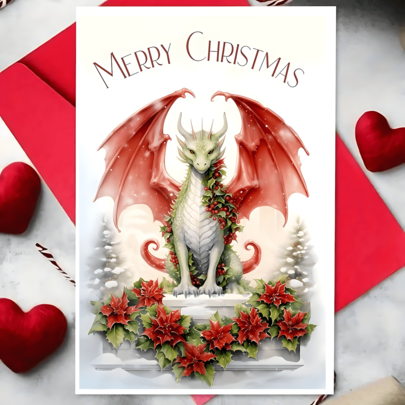 1 cartão de Natal com tema de dragão, guirlanda de poinsétia vermelha, cena de neve e inverno, cartão de Natal com criatura mítica e fantástica, ilustração de arte em aquarela