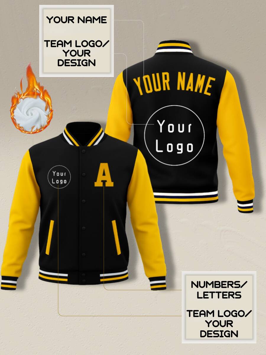 Personalized Varsity Jacket Custom Men Women Casual Baseball Letterman Bomber Jackets Printed Letters Number Logo Winter,Custom Halloween Christmas Costume, Holiday Gift - Black - View 1