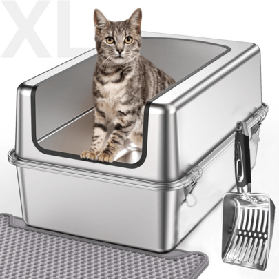 Stainless Steel Extra Large Cat Litter Box, 60 X 30 X 40 CM, Silver, Covered, Easy Cleaning