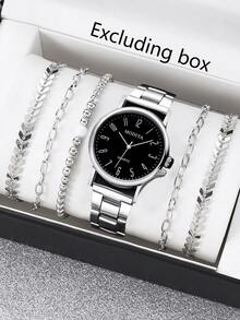 1pc Versatile Rhinestone Women's Watch, Fashionable Quartz Ladies Watch With 5pcs Simple Wheat Chain Bracelet Set - Black - View 8