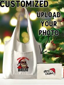 2 Pieces, Teacher's Day, Halloween, Valentine's Day, Wedding, Souvenir Bag, Mother's Day, Customized Women's Tote Bag, With Coin Wallet, Unique, Large Capacity, Lightweight, Foldable, Fashion, Letters, Photos, Gifts, Casual, School, Work, Storage Bag, DIY, Premium, Versatile, Suitable For Shopping, Traveling, Travel Essentials, Gifts For Girls - Beige - View 1