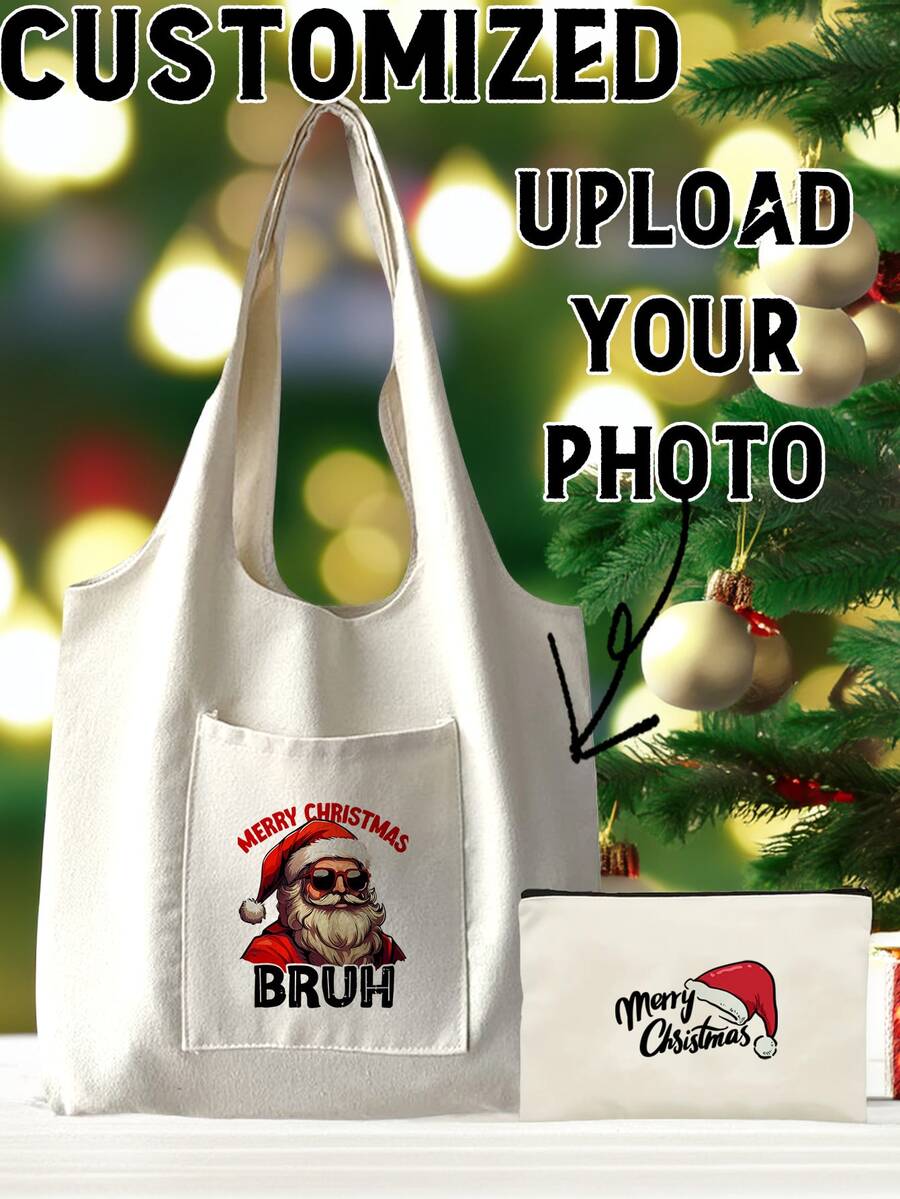 2 Pieces, Teacher's Day, Halloween, Valentine's Day, Wedding, Souvenir Bag, Mother's Day, Customized Women's Tote Bag, With Coin Wallet, Unique, Large Capacity, Lightweight, Foldable, Fashion, Letters, Photos, Gifts, Casual, School, Work, Storage Bag, DIY, Premium, Versatile, Suitable For Shopping, Traveling, Travel Essentials, Gifts For Girls - Beige - View 1