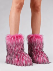 Women's Winter Furry Snow Boots Fuzzy Fluffy Round Toe Suede Booties Flat Heel Slip On Outdoor Indoor Shoes Fashion Warm Fluffy Shoes - 玫紅色 - 查看 2