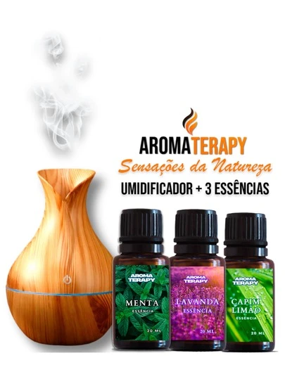 Kit Umidificador de Ar + 3 Essencias Difusor com 3 Essências Aromatizadoras Hidrossolúveis de 20ml