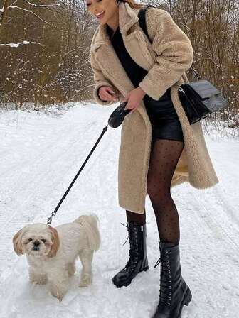 1 件纯色长款毛绒前扣冬季夹克，适合度假、日常、旅行、机场穿着，冬季