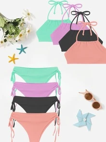 Teen Bikini For Teenage Girls, Cropped Top With Tie Closure, Bottom With Side Bow. Lined, Plain Colors. Beach/Pool Summer 2026. - Lilas - 查看 3
