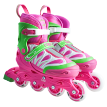 一款时尚运动型青少年户外直排轮滑鞋。时尚加厚柔软鞋面舒适透气，贴合脚型。可调节尺寸，高弹PU轮提供强劲抓地力，防止打滑，加固铝合金支撑架有效防止脚踝扭伤。适合初学者。 - 粉色 - 查看 8