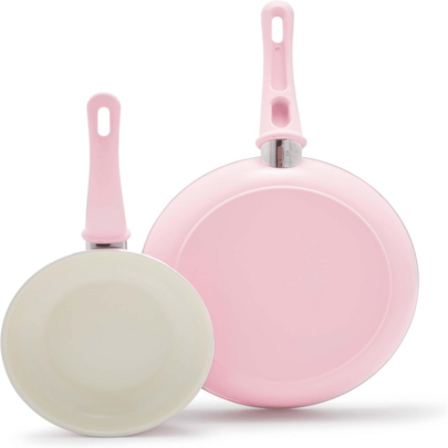 Soft Grip Healthy Ceramic Nonstick, 18cm And 26cm Frying Pan Skillet Set, PFASFree, Dishwasher , Soft Pink