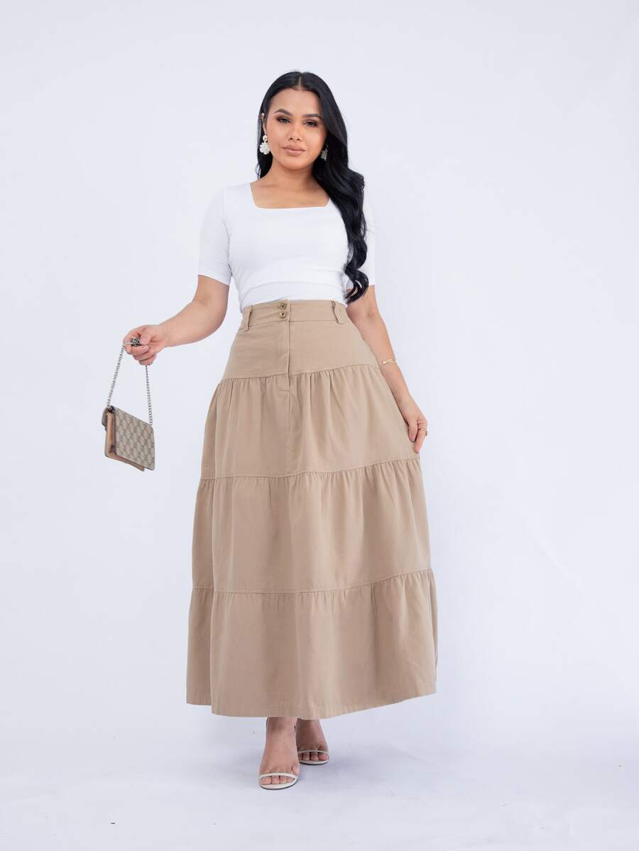 Mavie Long Layered A-Line Twill Skirt With Buttons - 米色 - 查看 1