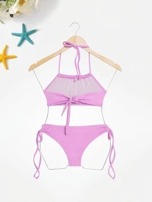 Teen Bikini For Teenage Girls, Cropped Top With Tie Closure, Bottom With Side Bow. Lined, Plain Colors. Beach/Pool Summer 2026. - Lilas - 查看 2