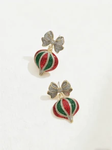 1 Pair Metal Drip Oil Bowknot & Christmas Ball Decor Earrings, Suitable For Women's Daily Wear Or Christmas Celebration - Multicolor - View 5