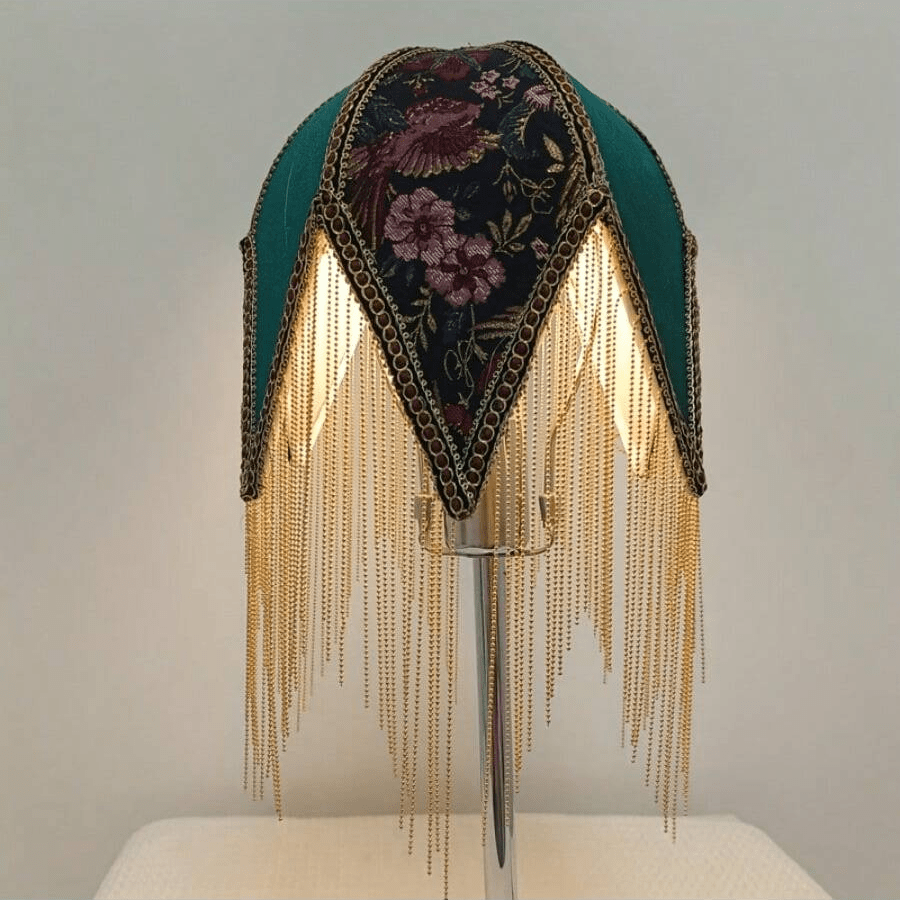 Elegant Vintage Fabric And Metal Lampshade - Pointed Hexagonal Design With Fringes, Traditional Floral Pattern In Green/Red/Blue/Gold, No Wiring Required For Interior Decoration