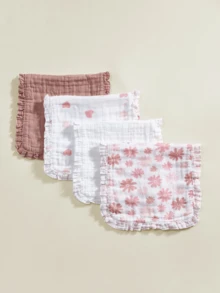 2条装Oeko-Tex认证柔软舒适心形花卉图案围兜/拍嗝巾，四季皆宜，新生儿及婴儿护理 - 彩色 - 查看 5