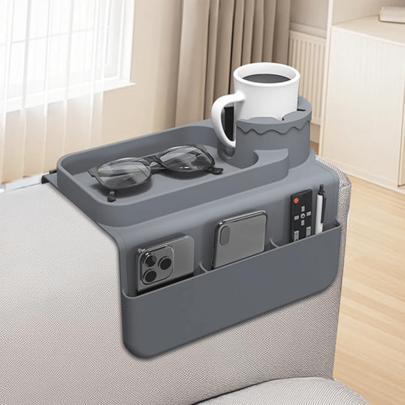 Couch Cup Holder Tray,Super Large Silicone Sofa Armrest Tray With Side Pockets,Anti-Slip Couch Caddy For Drinks/Phone/Remote/Snacks Sofa Table Organizer,Fathers Day Dad Gifts -Slate Gray