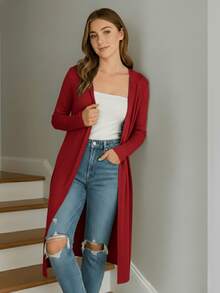 Cardigan largo Tejido de punto mujer - Rosa coral - Ver 3