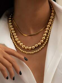 3pcs Beaded Chain Necklace Set For Women, Simple Style Jewelry Gift - Gold Punk Three-piece Set - View 6