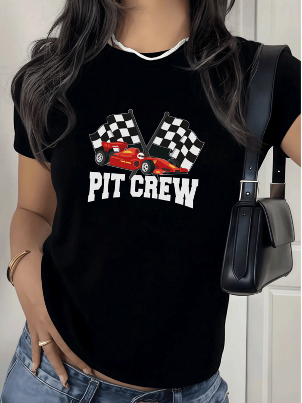 Camiseta Estampada Mujer con Diseño de Coche de Carreras y Banderas,220g,Ideal para un Look Casual y Moderno
