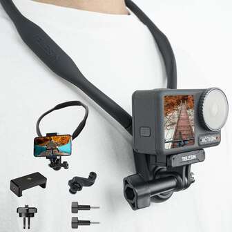  TELESIN SE Neck Mount With Phone Holder Vertical Adapter Kit, Necklace Lanyard Strap Head Chest POV Selfie Accessories For GoPro Max Hero 12 11 10 9 8 Insta360 X3 X4 Go3 Ace Pro OSMO Action 4 Pocket 3