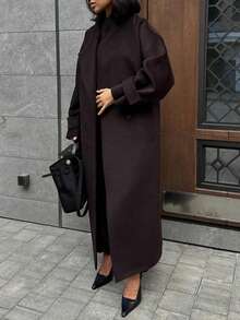 1pc Women's Solid Color Long Loose Warm Overcoat, Suitable For Daily, Office, And Dates In Autumn/Winter - Rust Brown - View 3