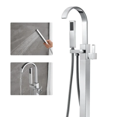 Saetow Grifo independiente para bañera con base de 80 cm de altura, cromado, montado en el suelo, con cañón en cascada, incluye cabezal de ducha de mano, grifo termostático esencial con ahorro de agua para el baño