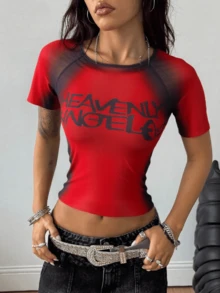 FQLWL Summer Street Fashion Slim Fit Women's Digital Print Sheer Y2K Nightclub Crop Top - Red - View 5