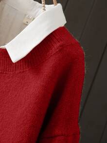 Plus Size Colorblock Casual Pullover Sweater, Autumn/Winter Spring - Red - View 4