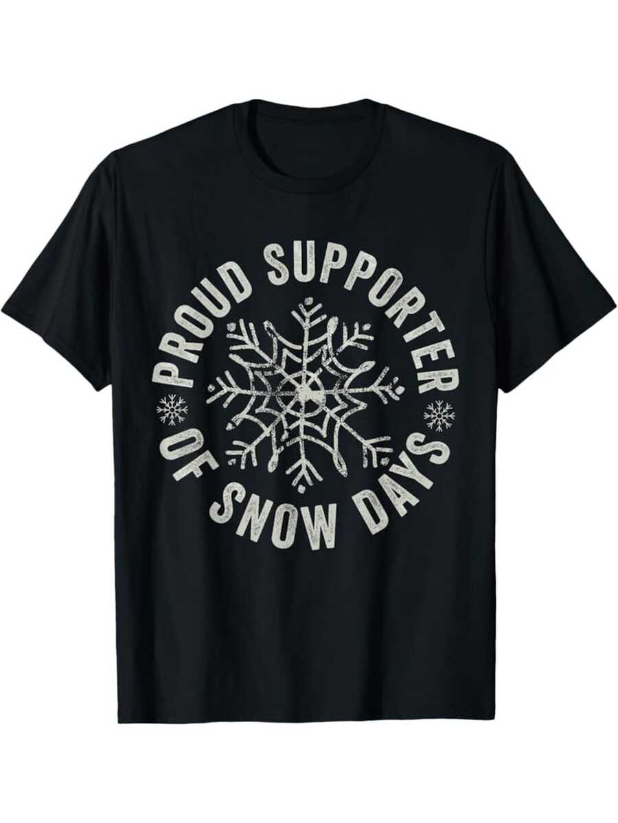 T-shirt de Noël amusant pour professeur - Fier de soutenir les jours de neige, t-shirt à manches courtes décontracté col rond, imprimé flocon de neige et crayon, convient pour toutes les saisons, cadeau de vacances pour les enseignants - Noir - Voir 1