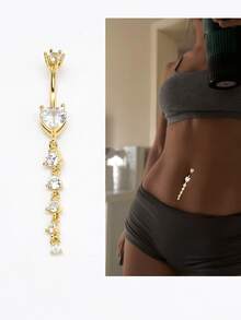 1pc Fashionable Casual Sexy Heart Shaped Cubic Zirconia Copper Belly Button Ring, Suitable For Men And Women, Belly Piercings, Belly Button Rings, Belly Rings, Birthday Party, Couples, Influencer Fashion, Nightclub Dates, Valentine's Day, Carnival, New Year Gift, Daily Wear - Yellow Gold - View 8