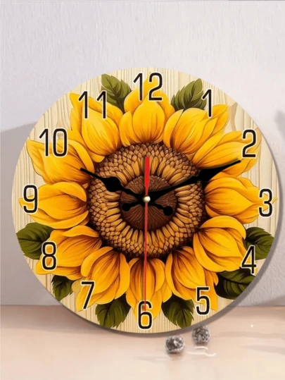 1 pieza Reloj de pared de girasol silencioso de 10"/12", pantalla de dígitos de madera redonda, tema floral, bisel de reloj plano, funciona con pilas (pilas no incluidas), operación silenciosa, adecuado para dormitorio, sala de estar, dormitorio, decoración del hogar de vuelta a la escuela